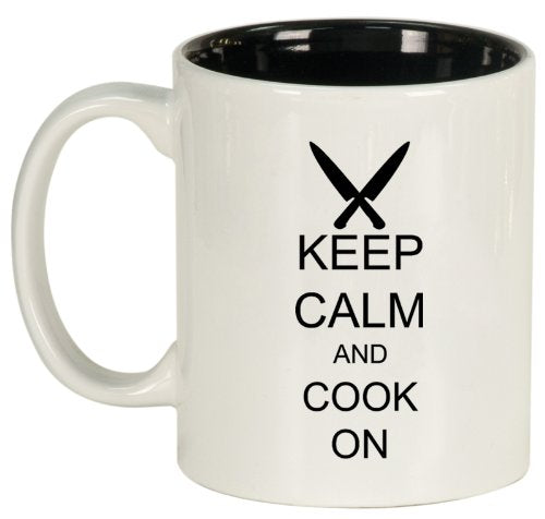 Keep Calm and Cook On Chef Knives Ceramic Coffee Tea Mug Cup White Black