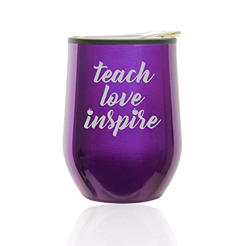 Stemless Wine Tumbler Coffee Travel Mug Glass With Lid Teach Love Inspire Teacher (Royal Purple)