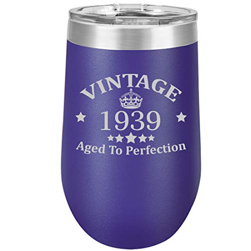 16 oz Double Wall Vacuum Insulated Stainless Steel Stemless Wine Tumbler Glass Coffee Travel Mug With Lid Vintage Aged To Perfection 1939 30th Birthday (Purple)