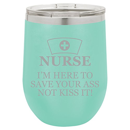12 oz Double Wall Vacuum Insulated Stainless Steel Stemless Wine Tumbler Glass Coffee Travel Mug With Lid Nurse Here To Save You (Teal)