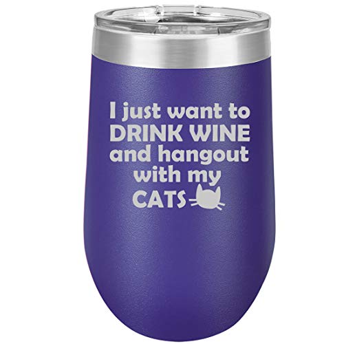 16 oz Double Wall Vacuum Insulated Stainless Steel Stemless Wine Tumbler Glass Coffee Travel Mug With Lid Drink Wine And Hang Out With Cats (Purple)