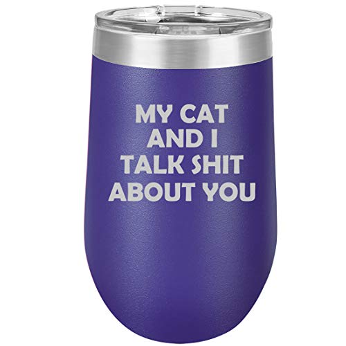 16 oz Double Wall Vacuum Insulated Stainless Steel Stemless Wine Tumbler Glass Coffee Travel Mug With Lid My Cat And I Talk About You Funny (Purple)