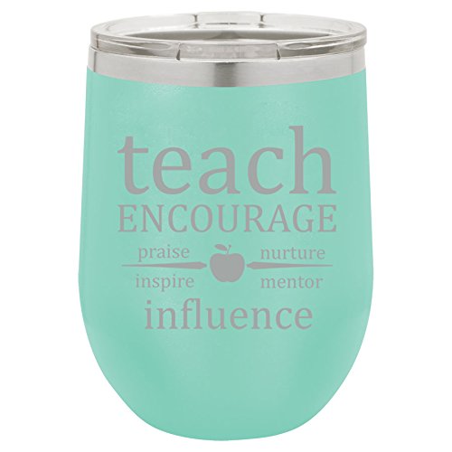 12 oz Double Wall Vacuum Insulated Stainless Steel Stemless Wine Tumbler Glass Coffee Travel Mug With Lid Teach Encourage Influence Teacher (Teal)