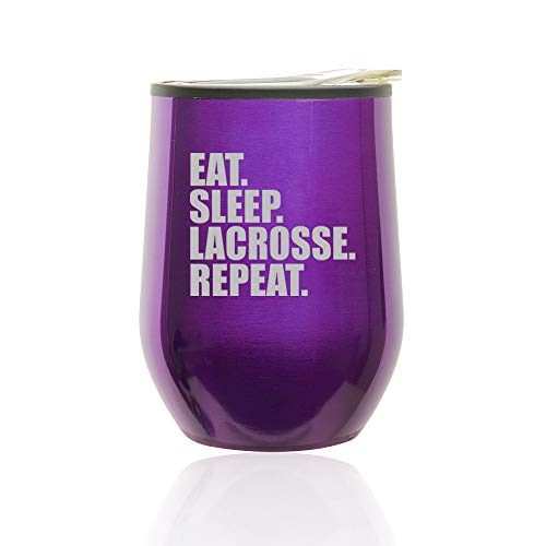 Stemless Wine Tumbler Coffee Travel Mug Glass With Lid Eat Sleep Lacrosse Repeat (Royal Purple)