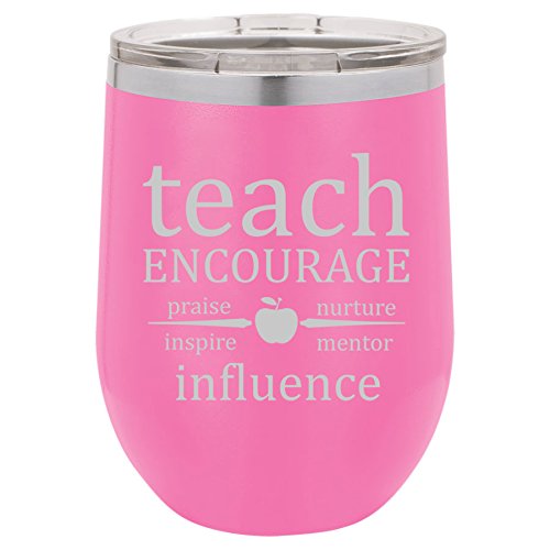 12 oz Double Wall Vacuum Insulated Stainless Steel Stemless Wine Tumbler Glass Coffee Travel Mug With Lid Teach Encourage Influence Teacher (Hot-Pink)