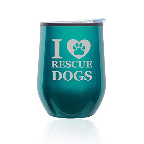 Stemless Wine Tumbler Coffee Travel Mug Glass With Lid I Heart Love Rescue Dogs (Turquoise Teal)
