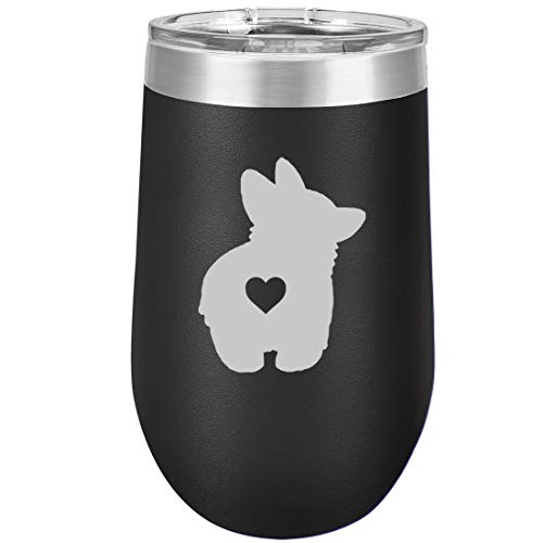 16 oz Double Wall Vacuum Insulated Stainless Steel Stemless Wine Tumbler Glass Coffee Travel Mug With Lid Corgi Butt (Black)