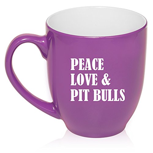 16 oz Large Bistro Mug Ceramic Coffee Tea Glass Cup Peace Love & Pit Bulls (Purple)