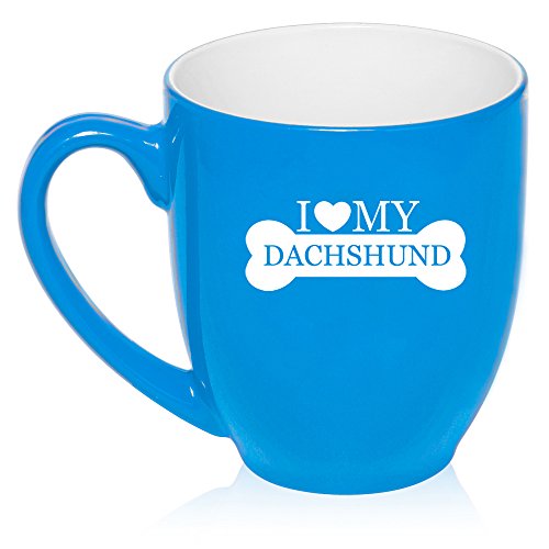 16 oz Large Bistro Mug Ceramic Coffee Tea Glass Cup I Love My Dachshund (Light Blue)