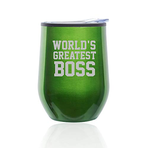 Stemless Wine Tumbler Coffee Travel Mug Glass With Lid World's Greatest Boss (Green)