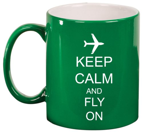 Keep Calm and Fly On Airplane Ceramic Coffee Tea Mug Cup Green