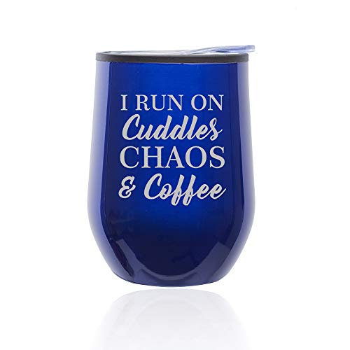 Stemless Wine Tumbler Coffee Travel Mug Glass With Lid I Run On Cuddles Chaos & Coffee