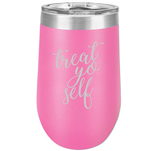 16 oz Double Wall Vacuum Insulated Stainless Steel Stemless Wine Tumbler Glass Coffee Travel Mug With Lid Treat Yo Self (Hot Pink)