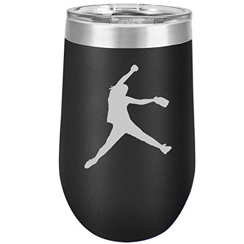 16 oz Double Wall Vacuum Insulated Stainless Steel Stemless Wine Tumbler Glass Coffee Travel Mug With Lid Female Softball Pitcher (Black)