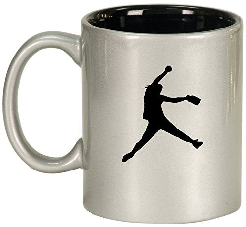 Ceramic Coffee Tea Mug Cup Female Softball Pitcher (Silver)
