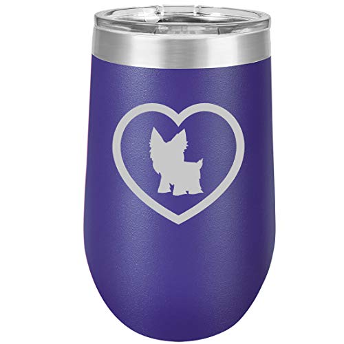 16 oz Double Wall Vacuum Insulated Stainless Steel Stemless Wine Tumbler Glass Coffee Travel Mug With Lid Yorkie Heart (Purple)