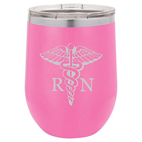 12 oz Double Wall Vacuum Insulated Stainless Steel Stemless Wine Tumbler Glass Coffee Travel Mug With Lid RN Registered Nurse (Hot-Pink)