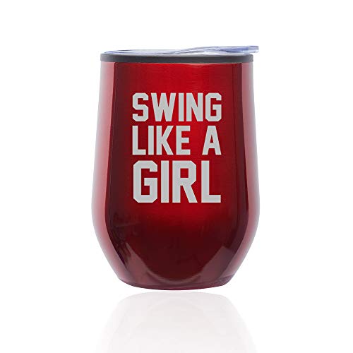 Stemless Wine Tumbler Coffee Travel Mug Glass With Lid Swing Like A Girl Golf Softball Kettlebell (Red)