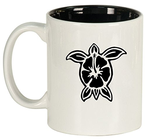 Ceramic Coffee Tea Mug Cup Hibiscus Turtle (White)