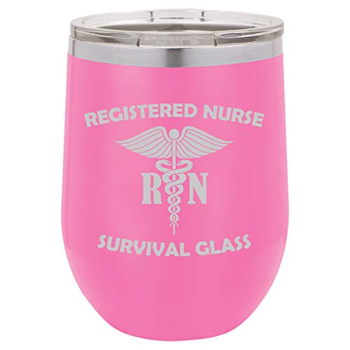 12 oz Double Wall Vacuum Insulated Stainless Steel Stemless Wine Tumbler Glass Coffee Travel Mug With Lid Registered Nurse RN Survival Glass Funny (Hot Pink)