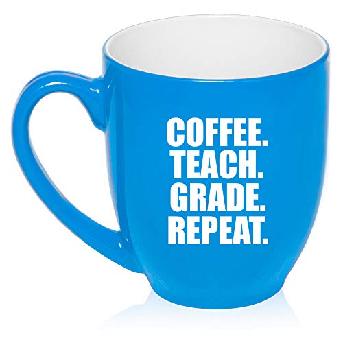 16 oz Large Bistro Mug Ceramic Coffee Tea Glass Cup Coffee Teach Grade Repeat Teacher (Light-Blue)