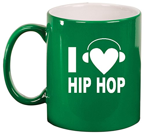 Ceramic Coffee Tea Mug Cup I heart Love Hip Hop Music Headphones (Green)