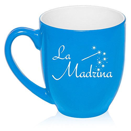 16 oz Large Bistro Mug Ceramic Coffee Tea Glass Cup La Madrina Christening Baptism Godmother (Light Blue)