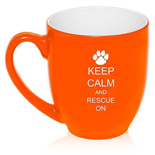 16 oz Large Bistro Mug Ceramic Coffee Tea Glass Cup Keep Calm And Rescue On Animal Dogs Paw Print (Orange)