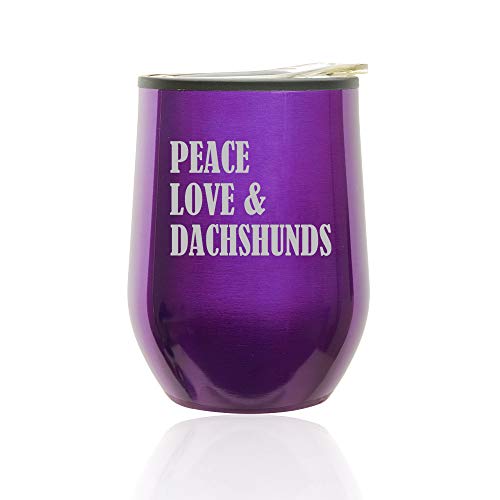 Stemless Wine Tumbler Coffee Travel Mug Glass With Lid Peace Love & Dachshunds (Royal Purple)