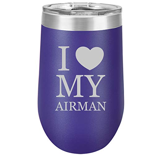 16 oz Double Wall Vacuum Insulated Stainless Steel Stemless Wine Tumbler Glass Coffee Travel Mug With Lid I Love My Airman Airforce (Purple)