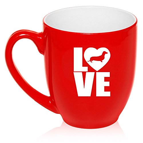 16 oz Large Bistro Mug Ceramic Coffee Tea Glass Cup Love Dachshund (Red)