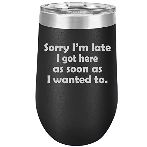 16 oz Double Wall Vacuum Insulated Stainless Steel Stemless Wine Tumbler Glass Coffee Travel Mug With Lid Sorry I'm Late I Got Here As Soon As I Wanted To Sarcasm Funny (Black)
