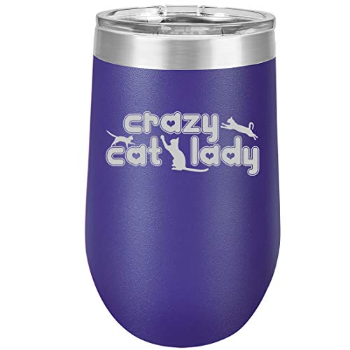 16 oz Double Wall Vacuum Insulated Stainless Steel Stemless Wine Tumbler Glass Coffee Travel Mug With Lid Crazy Cat Lady (Purple)