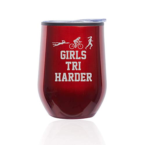 Stemless Wine Tumbler Coffee Travel Mug Glass With Lid Triathlon Girls Tri Harder Swim Bike Run (Red)