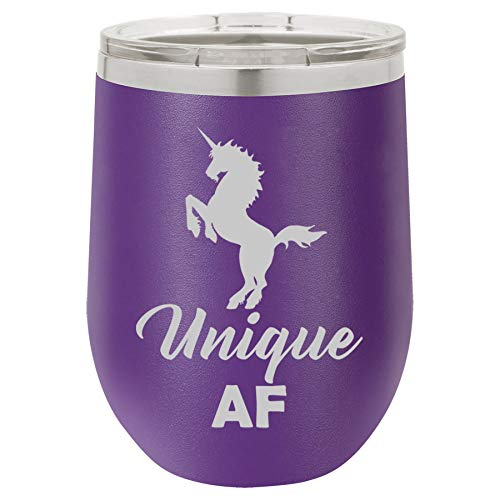 12 oz Double Wall Vacuum Insulated Stainless Steel Stemless Wine Tumbler Glass Coffee Travel Mug With Lid Unique AF Unicorn (Purple)
