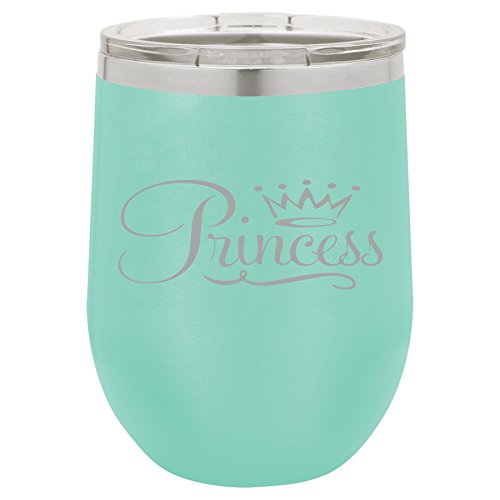 12 oz Double Wall Vacuum Insulated Stainless Steel Stemless Wine Tumbler Glass Coffee Travel Mug With Lid Princess Fancy (Teal)