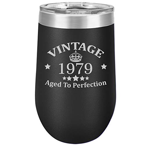 16 oz Double Wall Vacuum Insulated Stainless Steel Stemless Wine Tumbler Glass Coffee Travel Mug With Lid Vintage Aged To Perfection 1979 40th Birthday (Black)