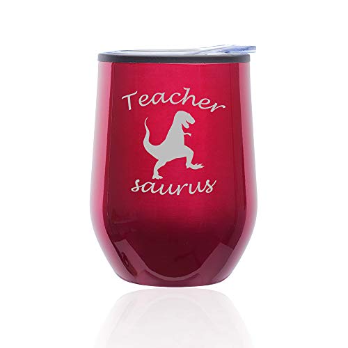 Stemless Wine Tumbler Coffee Travel Mug Glass With Lid Teacher Saurus Funny T-Rex (Fuchsia)