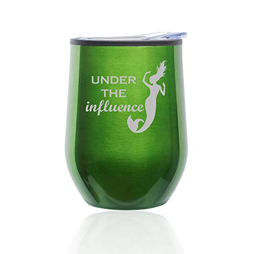 Stemless Wine Tumbler Coffee Travel Mug Glass With Lid Under The Influence Mermaid Funny (Green)