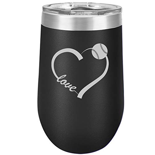 16 oz Double Wall Vacuum Insulated Stainless Steel Stemless Wine Tumbler Glass Coffee Travel Mug With Lid Love Heart Baseball Softball
