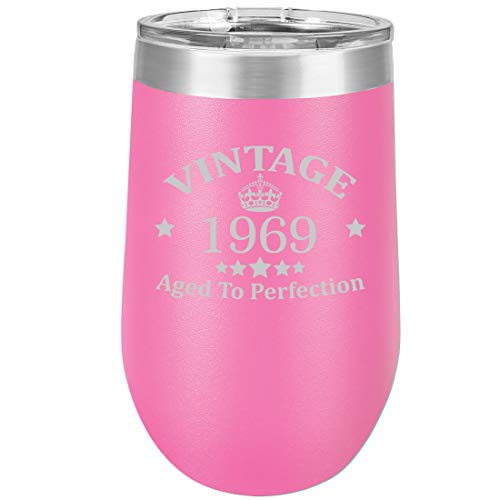 16 oz Double Wall Vacuum Insulated Stainless Steel Stemless Wine Tumbler Glass Coffee Travel Mug With Lid Vintage Aged To Perfection 1969 50th Birthday (Hot Pink)