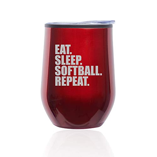 Stemless Wine Tumbler Coffee Travel Mug Glass With Lid Eat Sleep Softball Repeat (Red)