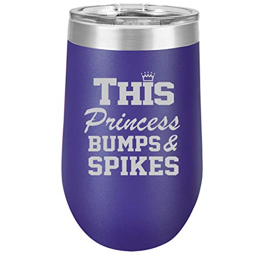 16 oz Double Wall Vacuum Insulated Stainless Steel Stemless Wine Tumbler Glass Coffee Travel Mug With Lid This Princess Bumps & Spikes Volleyball (Purple)