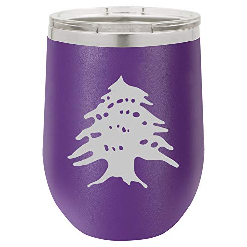 12 oz Double Wall Vacuum Insulated Stainless Steel Stemless Wine Tumbler Glass Coffee Travel Mug With Lid Cedar Tree Lebanon Lebanese (Purple)