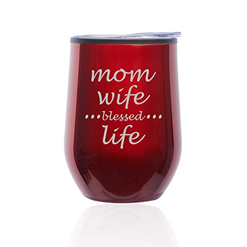 Stemless Wine Tumbler Coffee Travel Mug Glass With Lid Mom Wife Blessed Life Mother (Red)