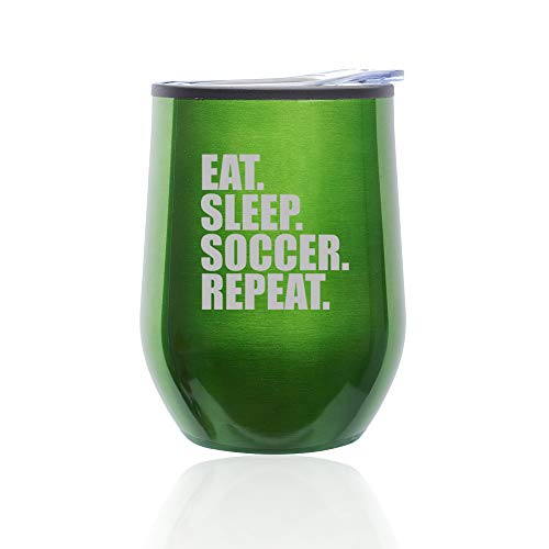 Stemless Wine Tumbler Coffee Travel Mug Glass With Lid Eat Sleep Soccer Repeat (Green)