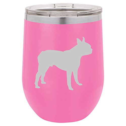 12 oz Double Wall Vacuum Insulated Stainless Steel Stemless Wine Tumbler Glass Coffee Travel Mug With Lid Boston Terrier (Hot-Pink)