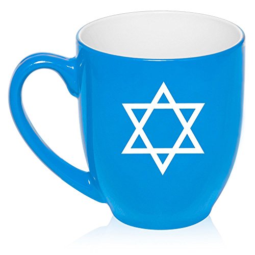 16 oz Large Bistro Mug Ceramic Coffee Tea Glass Cup Jewish Star of David (Light Blue)