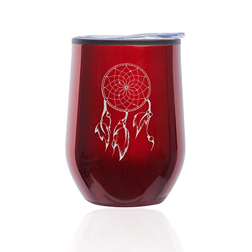 Stemless Wine Tumbler Coffee Travel Mug Glass With Lid Dreamcatcher With Feathers (Red)