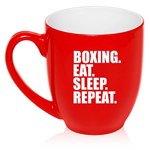 16 oz Large Bistro Mug Ceramic Coffee Tea Glass Cup Boxing Eat Sleep Repeat (Red)